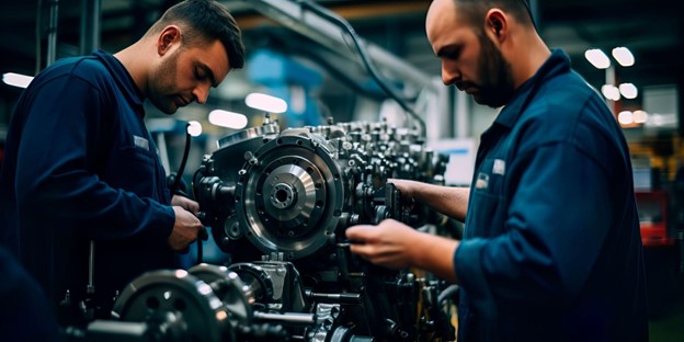 Workers inspecting and maintaining machinery in an industrial maintenance workshop