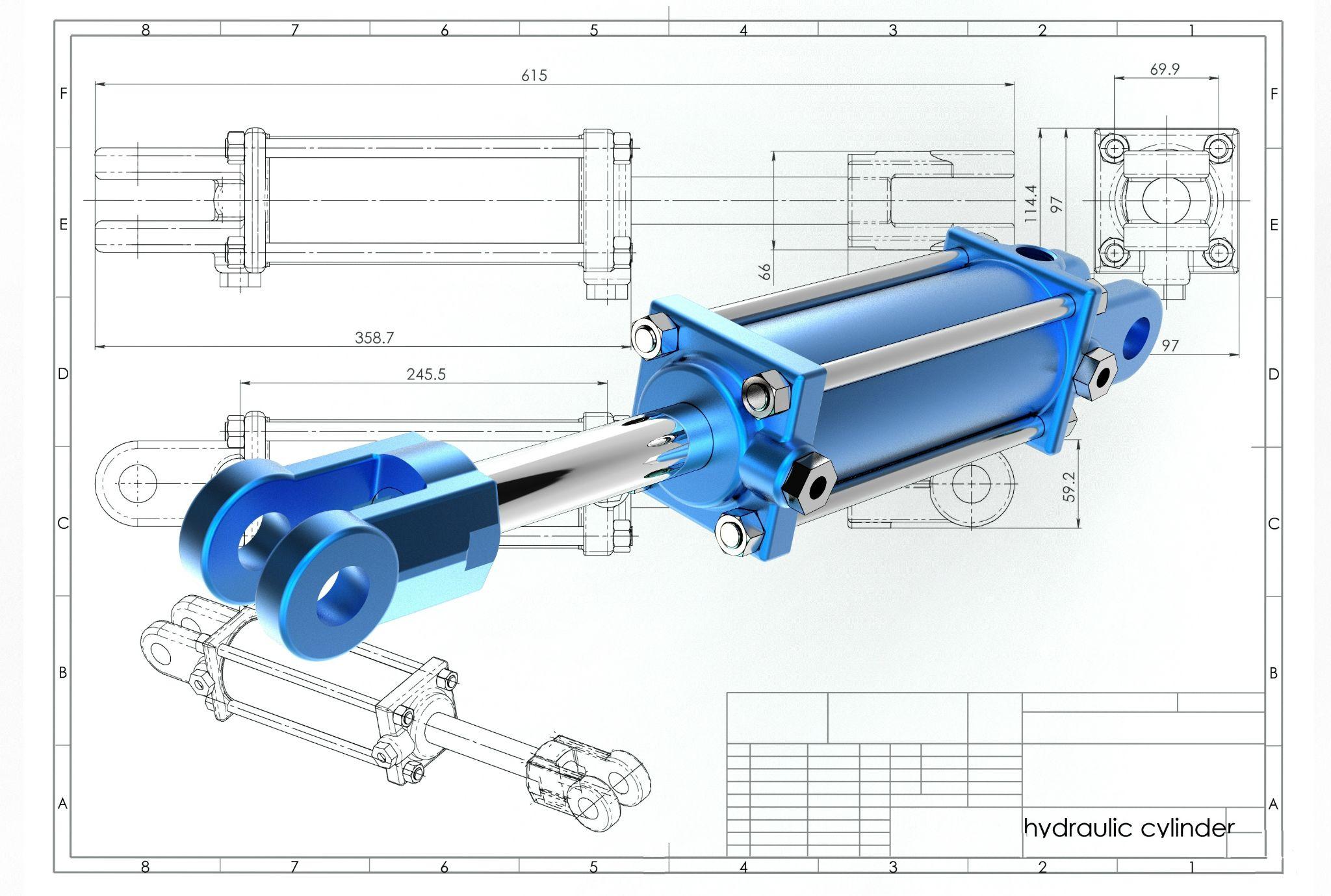 3d rendering of hydraulic cylinder above technical engineering drawing