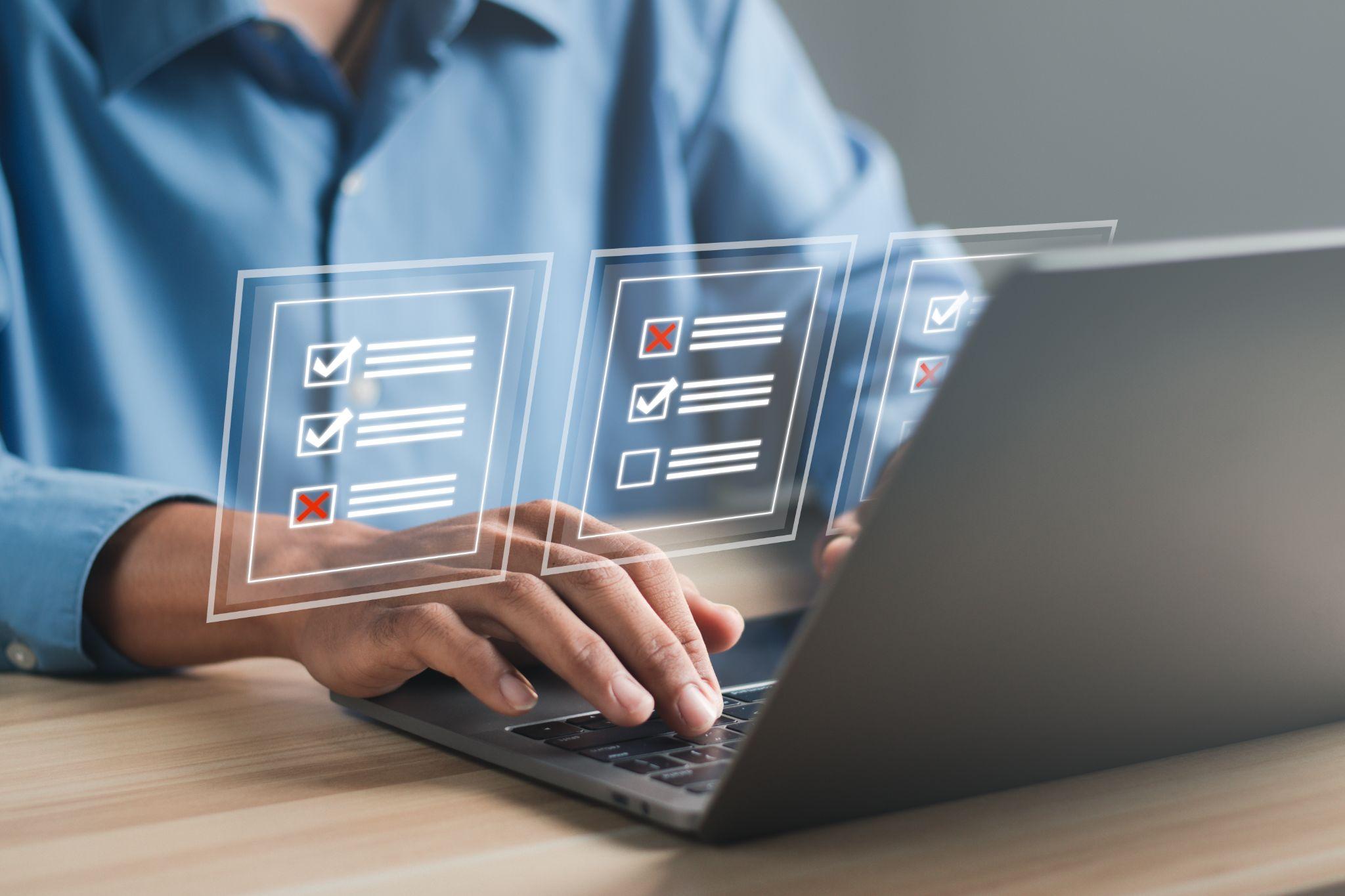 Questionnaire with checkboxes, filling survey form online, answer